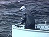 Vieux pêcheurs partent du bateau en chaloupe à moteur; les côtes du village 