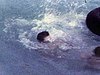 En famile dans la piscine hors terre, chamaillage avec une trippe, le père déconne avec les enfants dans l'eau - père-fils