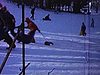 Pente publique de glissade (luges, traîne-sauvages, traîneaux de plastique, Krazy Karpet, mini-skis; des enfants et parents glissent en famille et remontent la pente