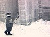 Enfants qui glissent dans l'escalier d'un palais de glace, dans un parc de Montréal