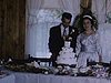 Réception de mariage années 50: à la campagne, grande table mise, mariés au milieu derrière le gâteau 