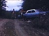 En forêt, une automobile au bord d'un chemin de terre et deux chasseurs en sortent et partent avec leur carabine et leurs cornets de call, vue d'un terrain de chasse.