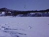 Paysage hiver, chalet, lac, chien, ruisseau