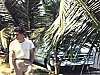 Monsieur et automobile américaine des années 50 devant une hacienda. Il marche au bord d'une rue - palmiers- beau plan de l'homme venant vers la caméra Venezuela