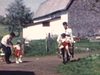 Ferme, campagne: adolescent pousse une brouette avec les enfants dedans