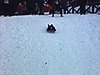 Pente de traîne-sauvage (toboggan) parents et enfants. Un enfant couché sur le traîneau descent vers la caméra (beau plan)