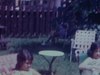 Famille l’après-midi dans la cour de la maison, adolescentes se prélassent sur des chaises longues, un petit chat arrive, les gens le montrent à la caméra