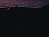 Coucher de soleil sur le bord de l’eau en Gaspésie, camping, automobile, tente, table de bois, banc pliant, le soleil se couche à l’horizon