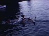 Un homme fait du ski nautique sur la rivière, il tombe quelques fois puis continue